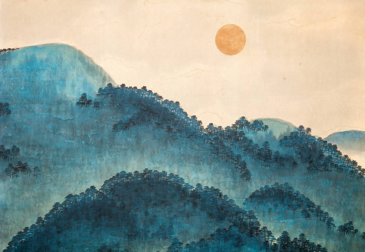 Japanese Screen: Blue Mountain Landscape