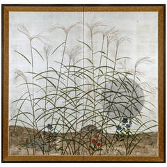 Japanese Screen, Moon and Wild Grasses on Silver Background