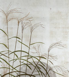 Japanese Screen, Moon and Wild Grasses on Silver Background