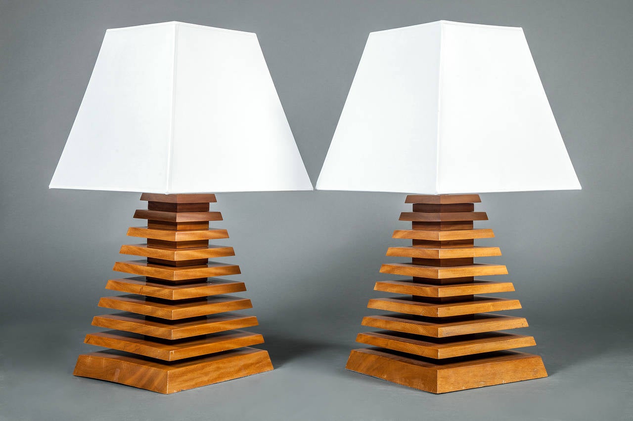 Pair of wood pyramid lamps,
Midcentury.