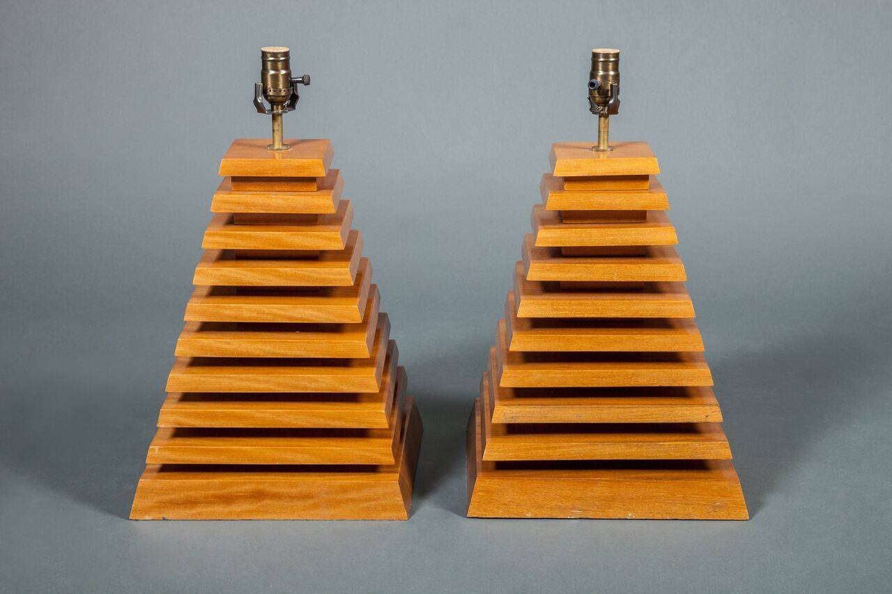 Pair of Wood Pyramid Lamps In Excellent Condition In Hudson, NY