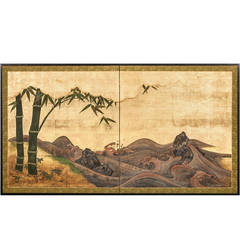 Japanese Screen Painting of Seascape and Bamboo
