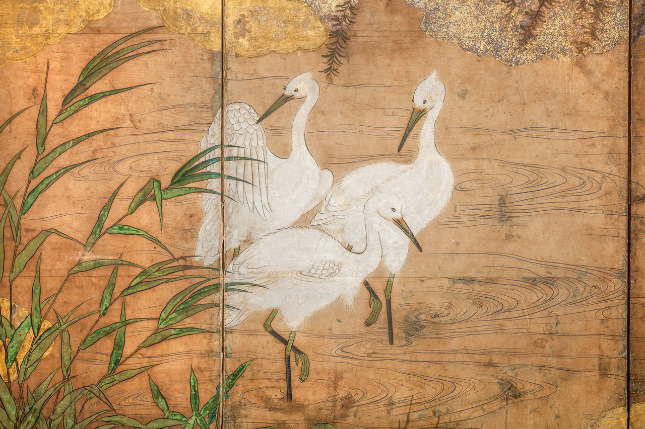 Japanese six-panel screen: Willow, herons, and water landscape
Mineral pigments on paper with gold leaf clouds
Beautifully painted.