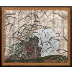 Japanese Two Panel Screen: Moon Rising Through Bamboo On Silver Leaf