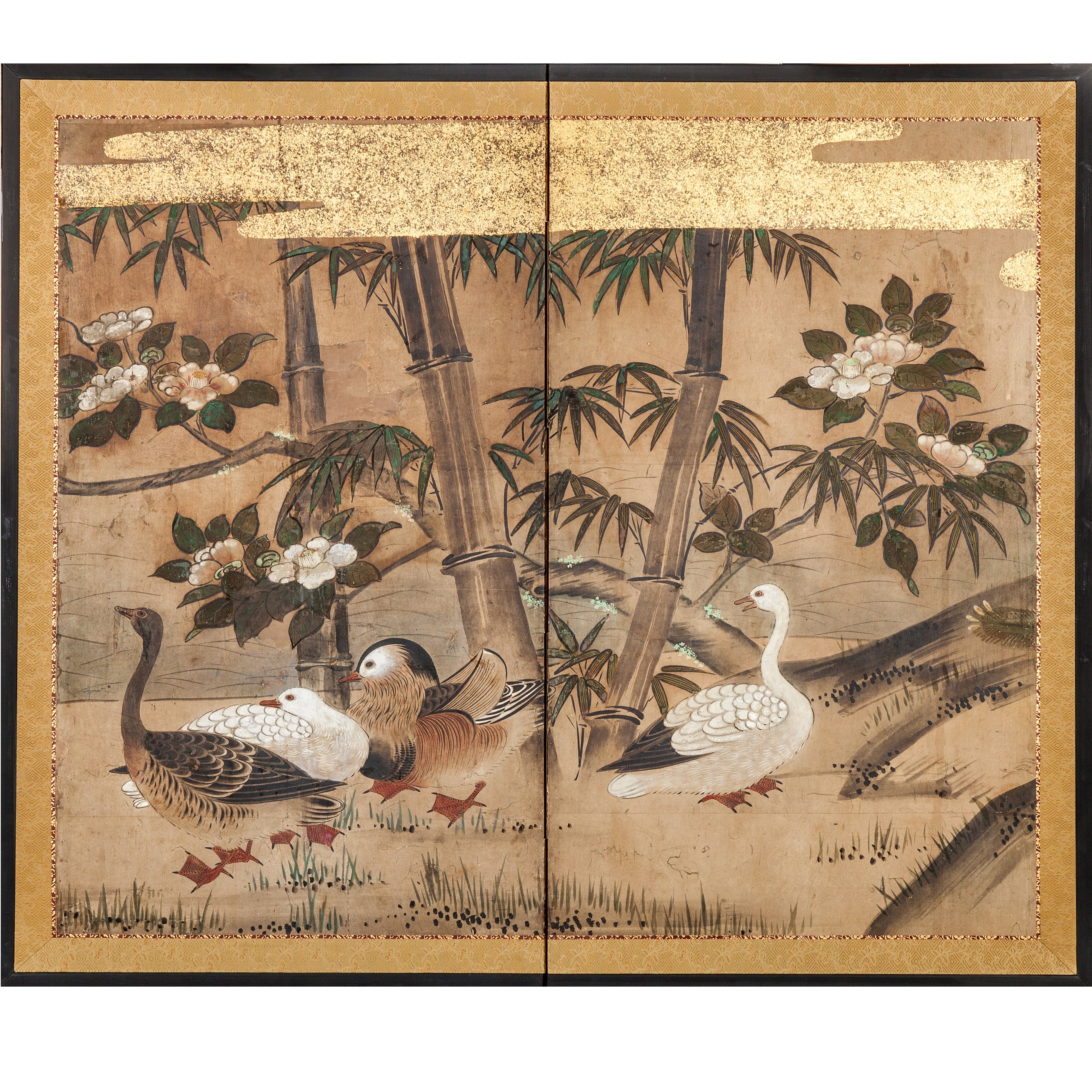Japanese Two Panel Screen:  Mandarin Ducks and Geese Among Bamboo and Flowers