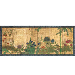 Japanese Screen Rimpa Style Garden Landscape