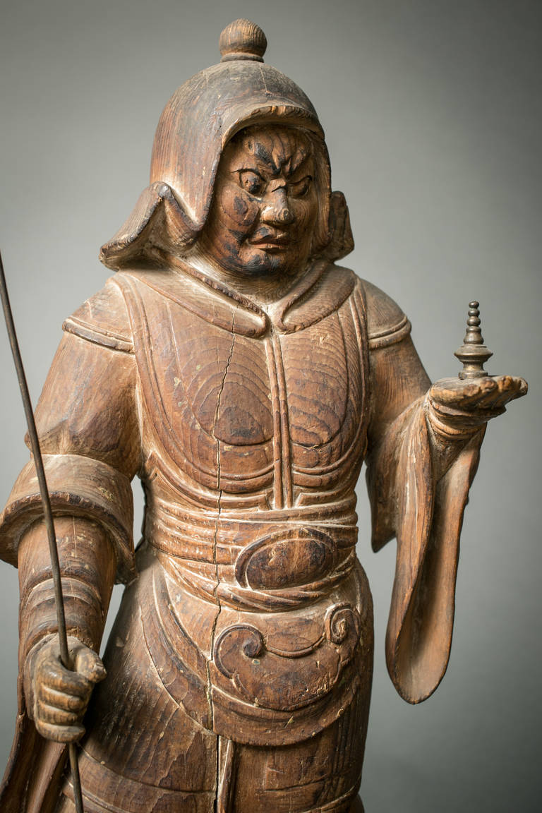 Hand-Carved Early Japanese Hinoki Wood Sculpture of Bishamon For Sale