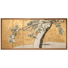Antique Japanese Six Panel Screen: Pine in Snow on Heavy Gold Leaf