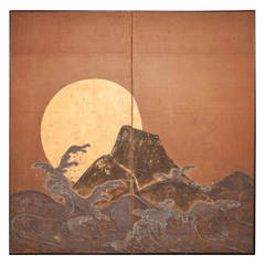 Japanese Screen, "Golden Moon Over Craggy Ocean Landscape"