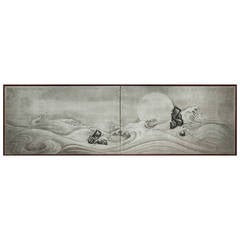 Japanese Screens, "Craggy Rocks and Moonlit Waves on Silver"