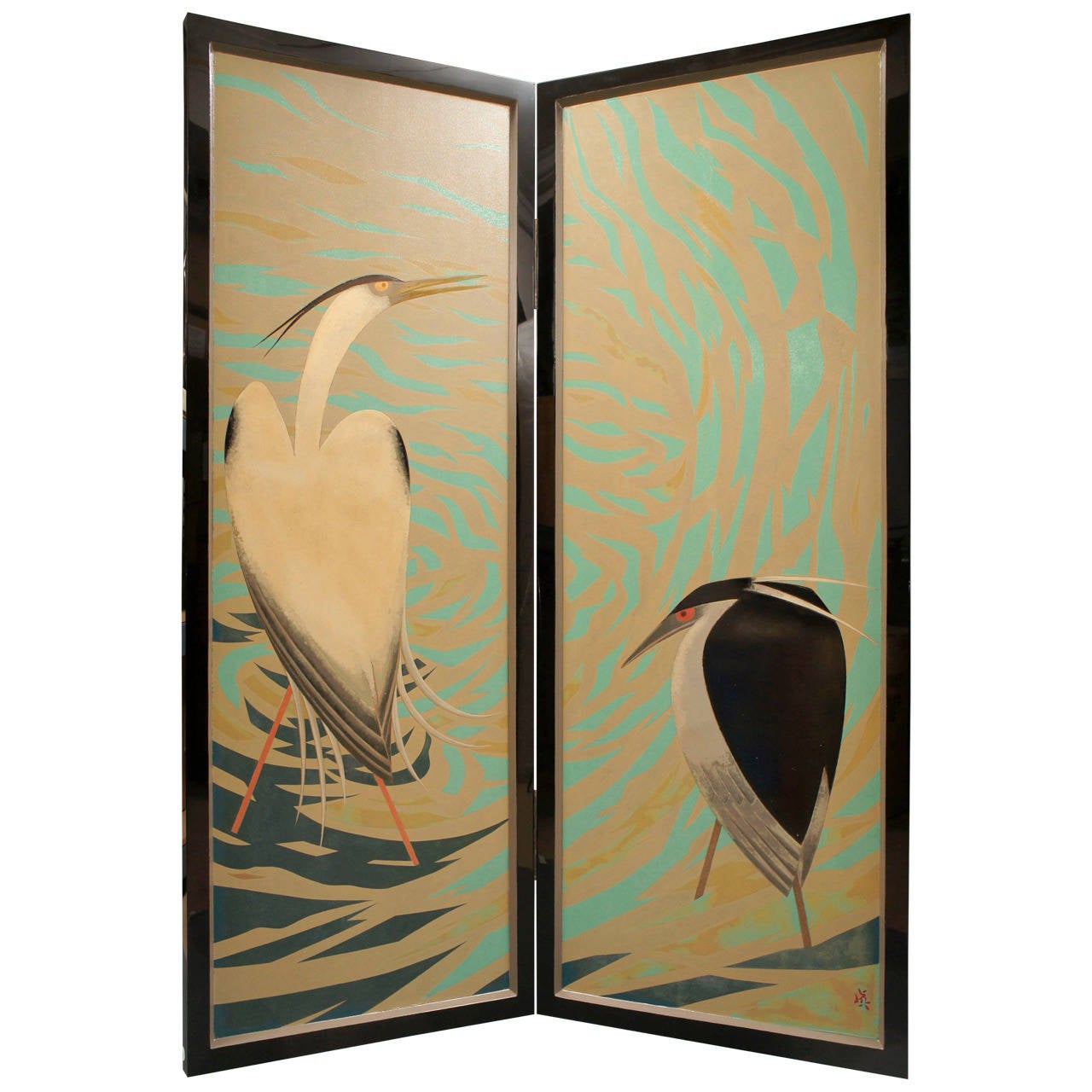 Japanese Lacquered Art Deco Screen of Herons For Sale at 1stdibs
