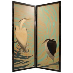 Japanese Lacquered Art Deco Screen of Herons