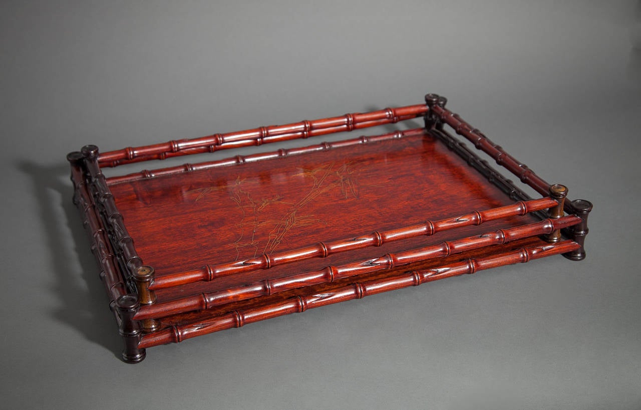 Japanese Teak Nesting Trays with Faux Bamboo Rails In Good Condition For Sale In Hudson, NY