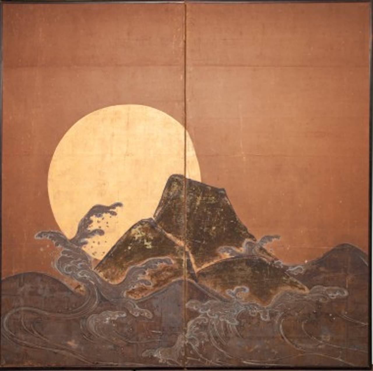 Japanese Screen, "Golden Moon Over Craggy Ocean Landscape"