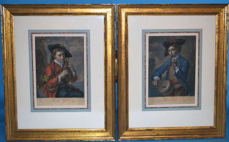 A pair of 18th century colored mezzotints on paper titled 
