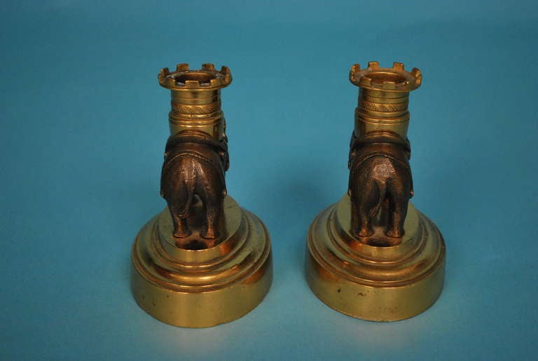 Neoclassical Revival Pair of Bronze and Gilt Brass Elephant FormCandlesticks
