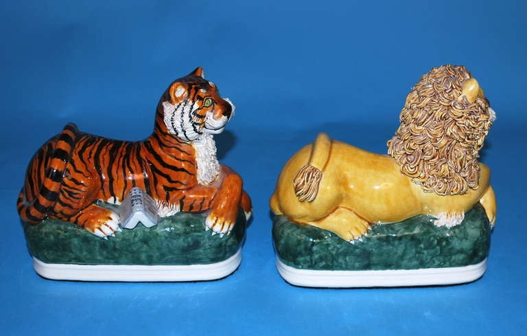 Victorian Charming Stafforshire Style Lion and Tiger Ceramic Figurines