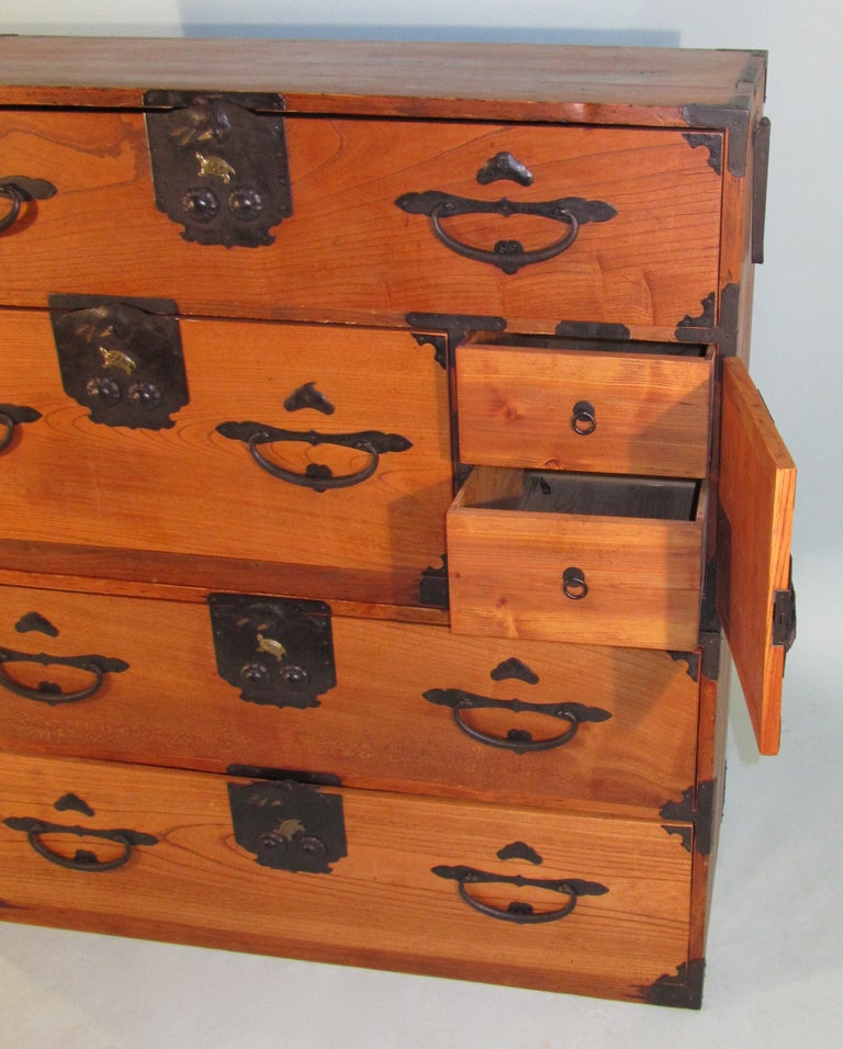 Fine Japanese 2 Section Tansu with Crane and Turtle Hardware