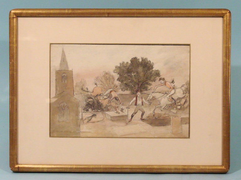 An English nineteenth century watercolor caricature of a riding scene now in a giltwood frame.Unsigned.