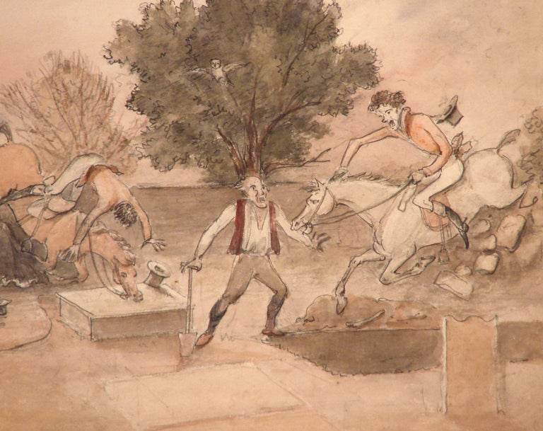 English Watercolor Caricature of a Riding Scene In Excellent Condition In San Francisco, CA