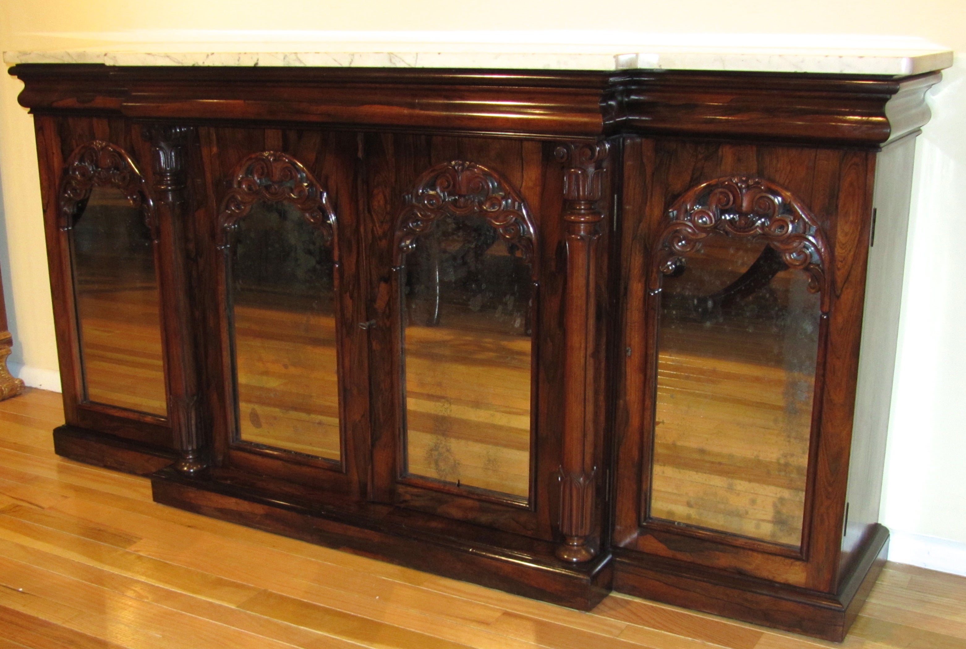English Rosewood Breakfront Side Cabinet with Marble Top