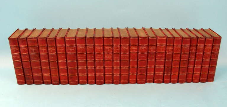 The Works of Joseph Conrad. Garden City, NY: Doubleday, Page & Co. Frontispiece portrait in Volume 1, title pages printed in red and black. Half crimson morocco over cloth, raised bans, gilt lettered and ruled spines, top edge gilt, marbled