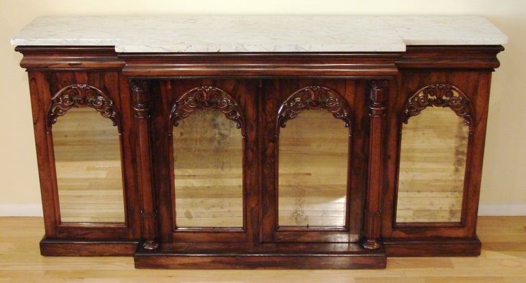 Carrara Marble English Rosewood Breakfront Side Cabinet with Marble Top