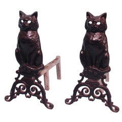 Vintage Amusing Pair of Cast Iron Andirons in the Form of Cats
