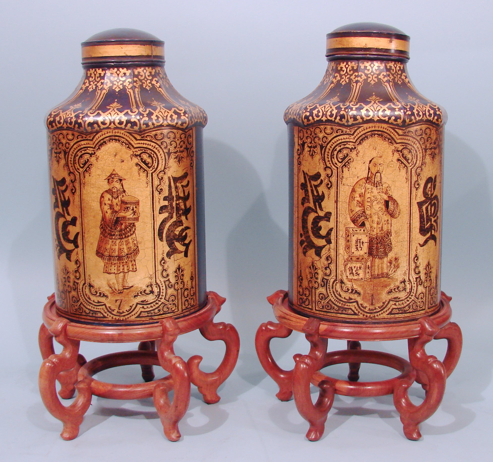 Good Pair of Chinese Export Blue and Gilt Painted Tea Canisters