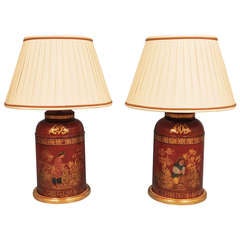 Outstanding Pair of Red Tole Tea Canisters Mounted as Lamps