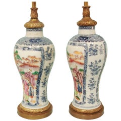Pair of Chinese Export Mandarin Palette Vases Qing Dynasty