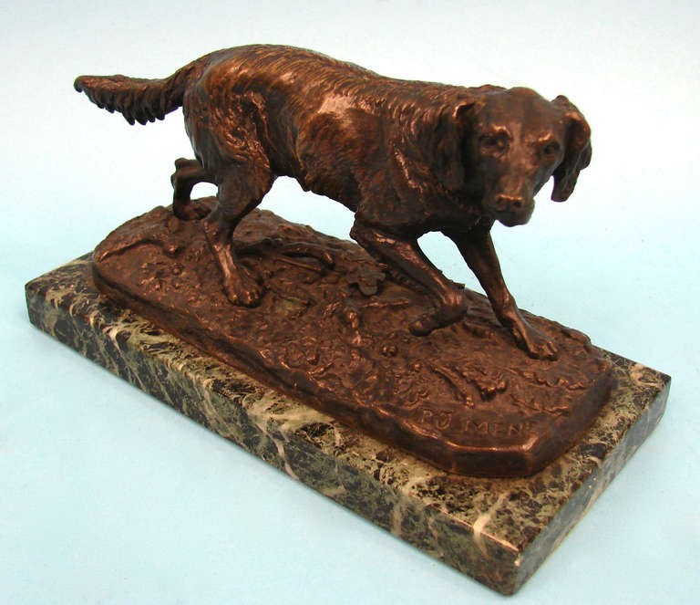 A well-cast bronze of a hunting dog, probably a spaniel, after a model  by PJ Mene (1810-1879), brown patina mounted on a marble plinth. Later casting, very good quality.