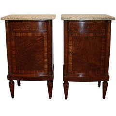 Antique Pair of French Deco Walnut Side Cabinets with Marble Tops