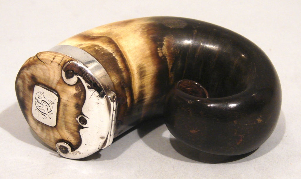 A Scottish silver mounted horn snuff mull of typical form, the top monogrammed.