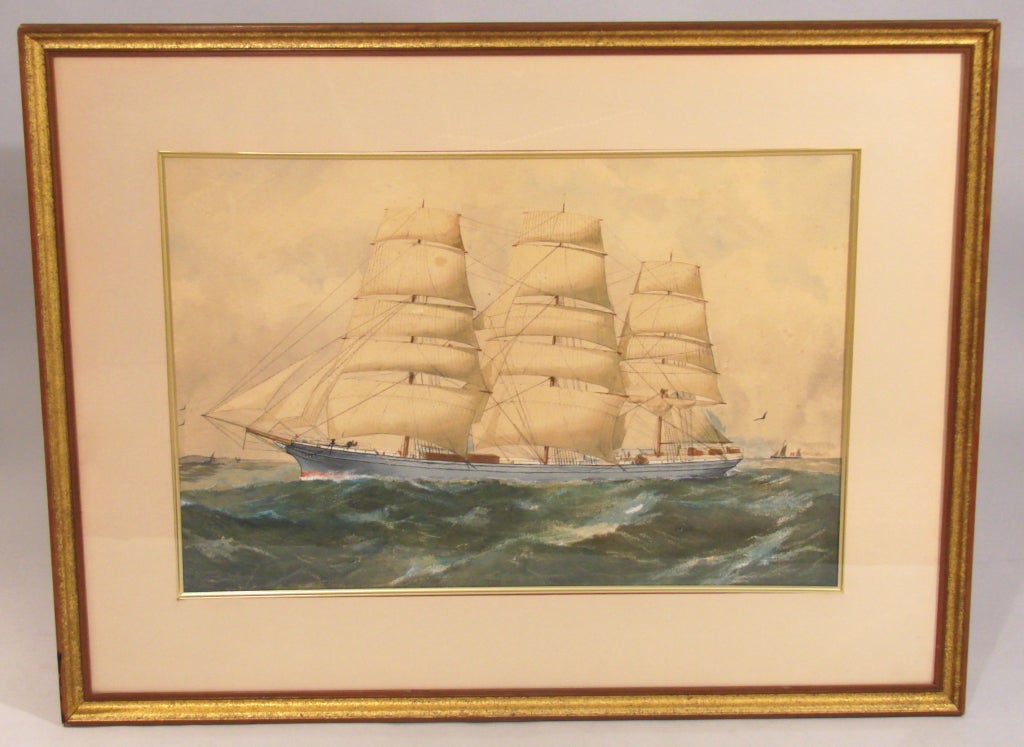 Attributed to William Edgar (American, 1870-1918.) A large watercolor on paper depicting a sailing ship  at sea 