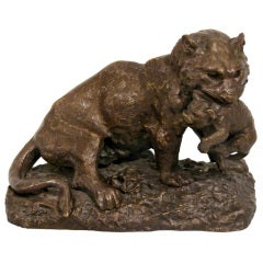 Barye Bronze of a Lioness With Her Cub