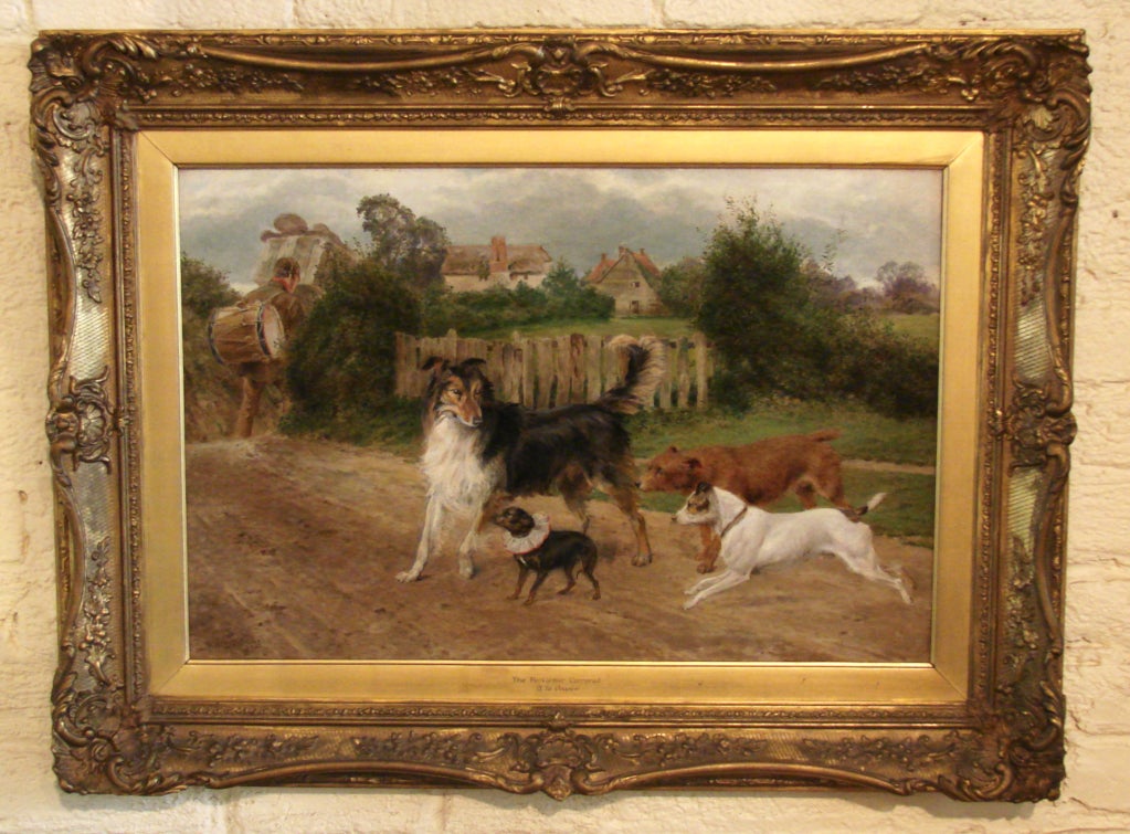 An amusing English oil on canvas by Alfred W. Cooper (British, 1850-1901) depicting a canine meeting, the original liner bearing the title 