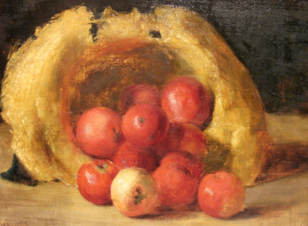 An oil on canvas still life depicting a group of apples pouring out of a hat signed and dated lower left by Carl Hirschberg (American 1854-1923) in a gilt frame.