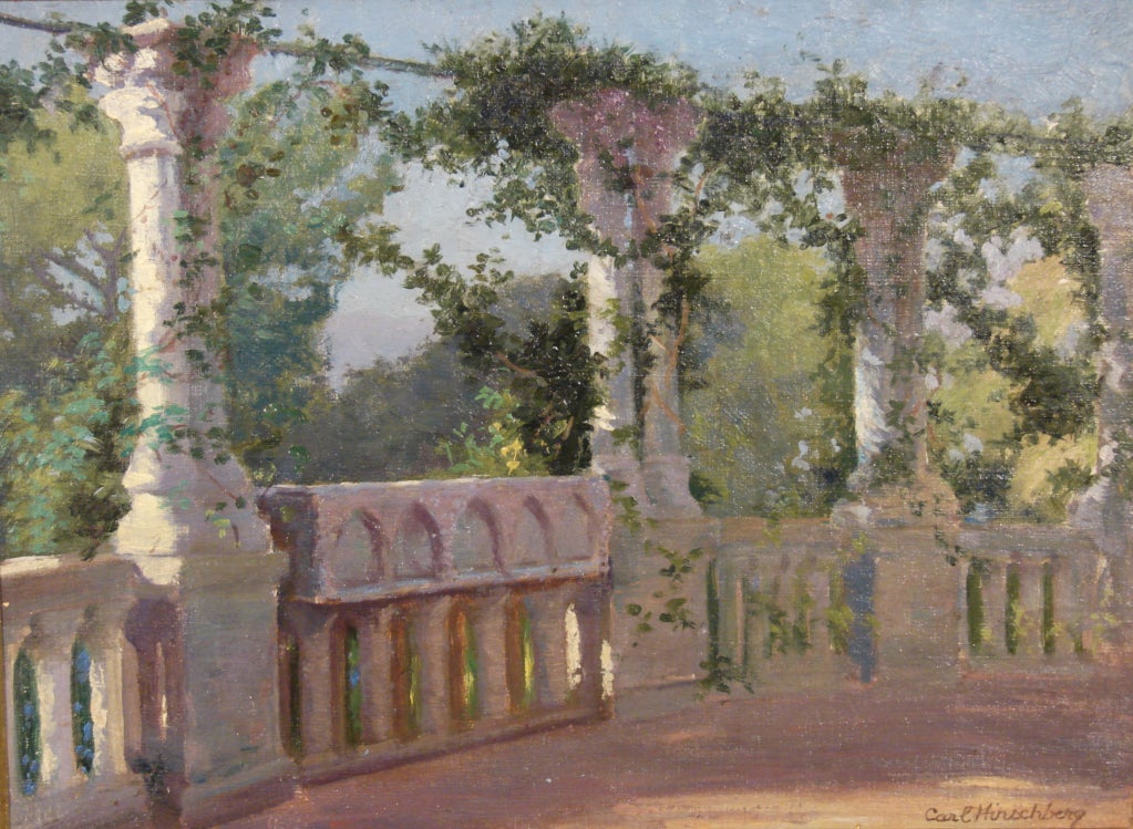 An impressionistic oil on canvas by Carl Hirschberg (American 1854-1923) of an arbor scene with architectural details in a gilt composition frame. Signed lower right.