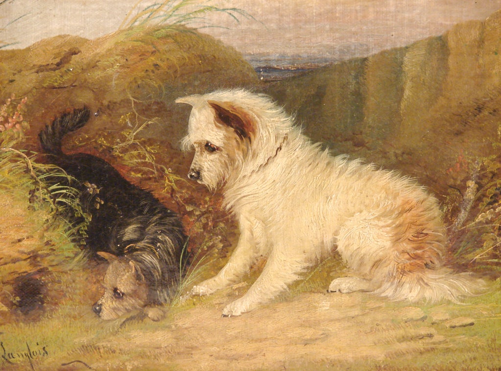 A charming pair of oil on canvas dog paintings by J. Langlois (British, 19th. century) depicting a dark and light Cairn terrier in each. Both signed lower left, 