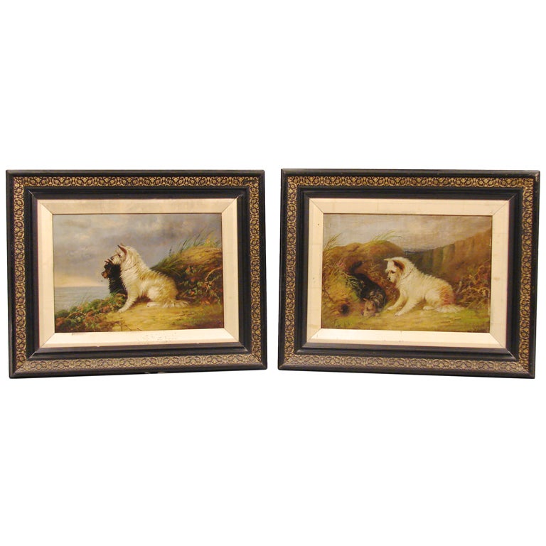 Pair Of Terrier Oil Paintings By J. Langlois