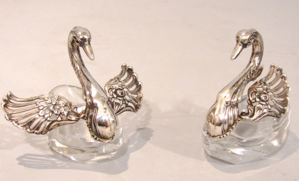 Pair Of Crystal And Sterling Silver Swan Form Open Salts In Excellent Condition In San Francisco, CA