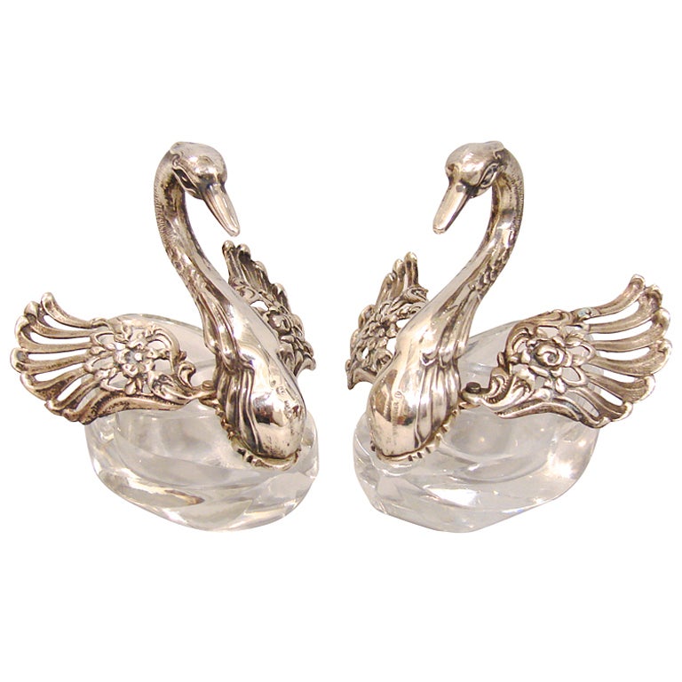 Pair Of Crystal And Sterling Silver Swan Form Open Salts