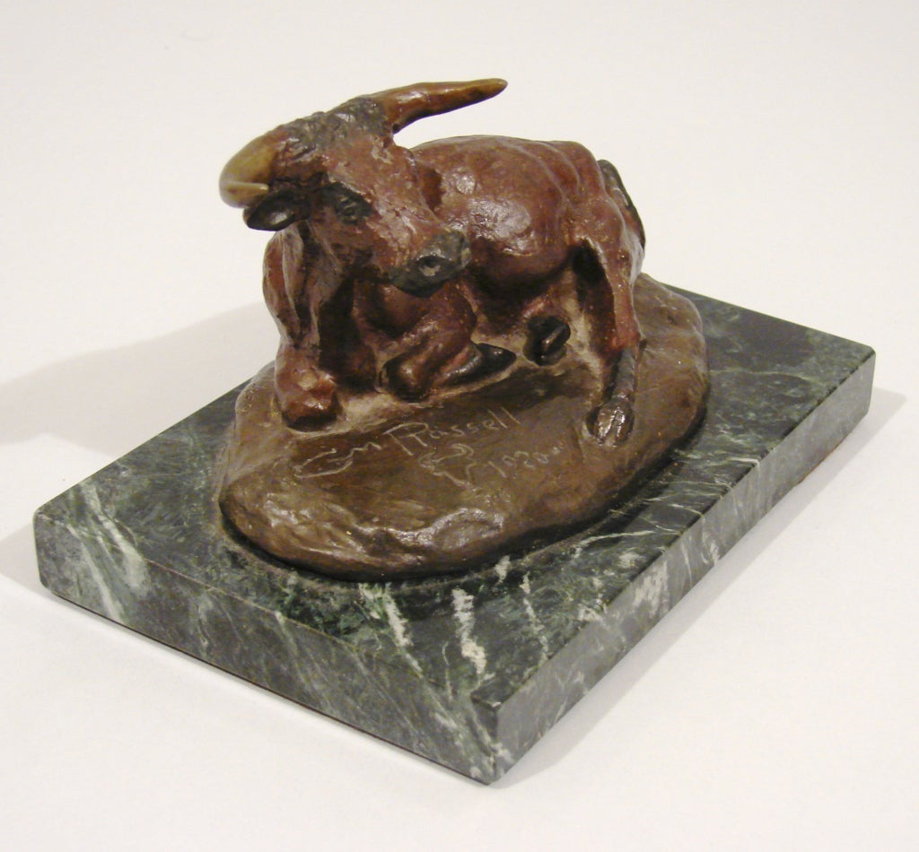 20th Century Patinated Bronze Study Of A Recumbent Steer Incised CM Russell