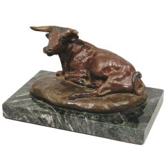 Vintage Patinated Bronze Study Of A Recumbent Steer Incised CM Russell