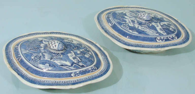 Pair of Chinese Export Blue Canton Covered Vegetable Tureens