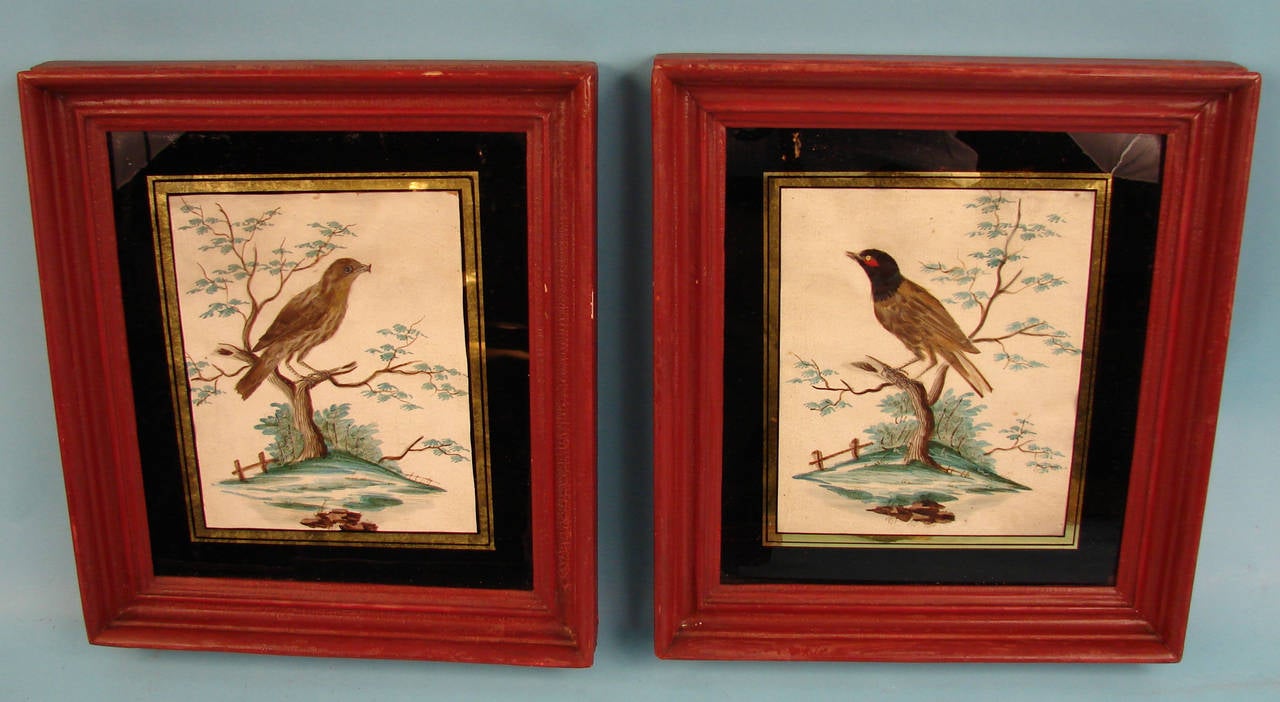 An interesting grouping of 4 watercolors of birds including a rooster, chicken, and 2 songbirds, each watercolor created with actual bird feathers. 
Circa 1825.