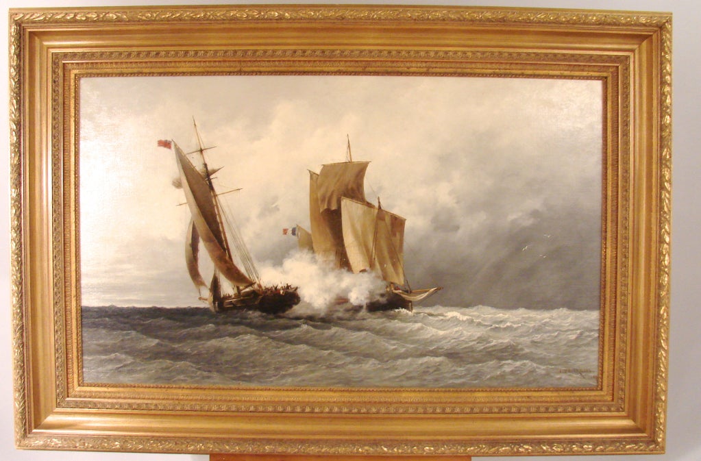 Naval Battle  Oil on Canvas by Jules D'Ivernois.