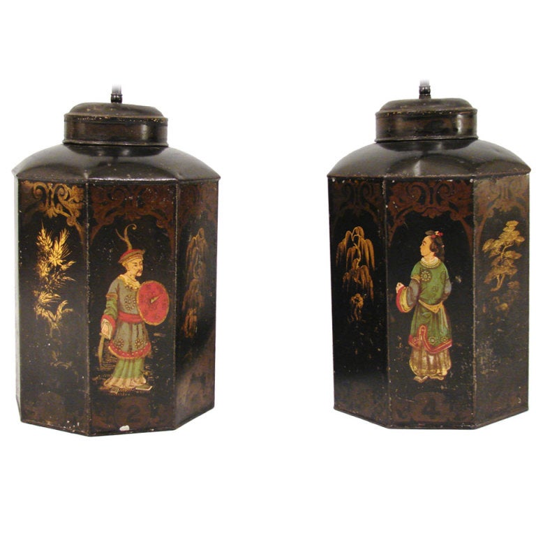 Pair of Chinese Export Hexagonal Tea Canister Lamps