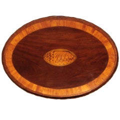 English Oval Mahogany Tray with Multi-Wood Shell Inlay